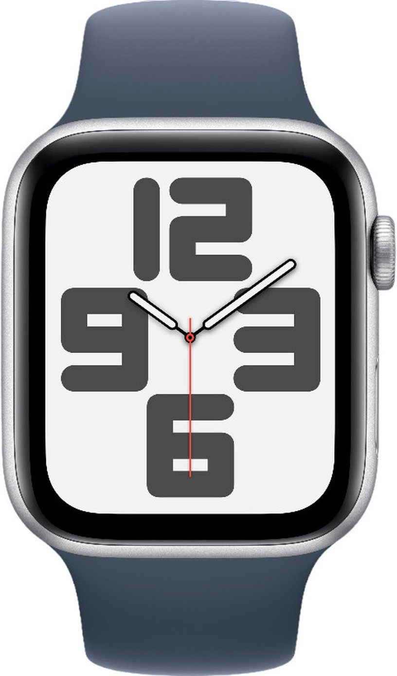 Nutikell Apple Watch SE GPS 44mm Silver Aluminium Case with Storm Blue Sport Band - S/M, hõbe
