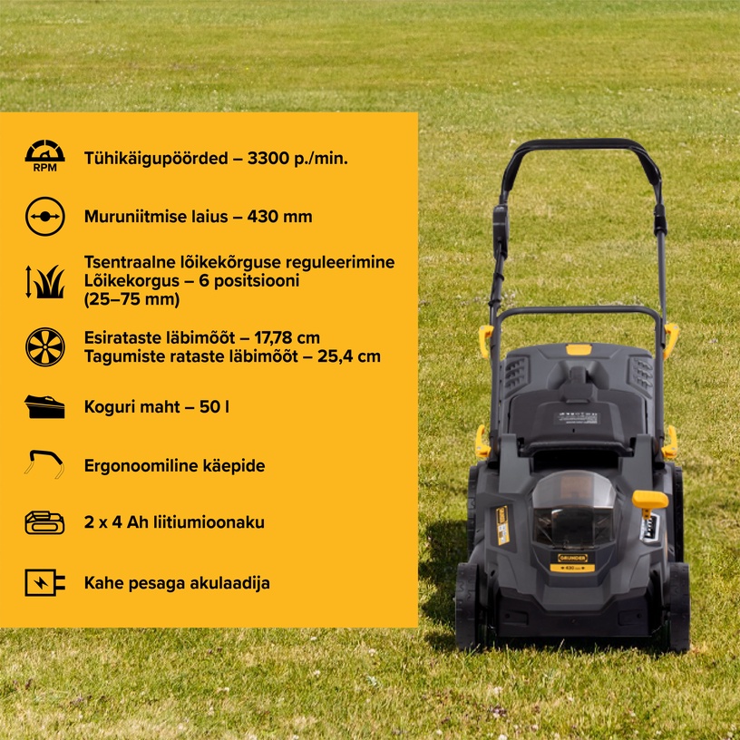 Akutoitel muruniiduk Grunder SF8A107, 2x18 V, 43 cm, 2x4 Ah