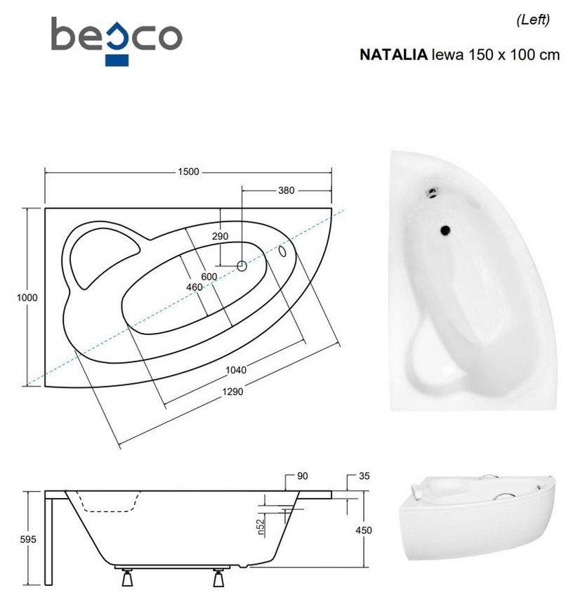 Vann, nurgaga Besco Natalia, 150 cm x 100 cm x 59.5 cm, vasakpoolne