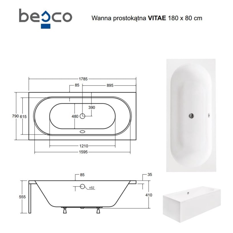 Vanna, brīvi novietots Besco Vitae, 180 cm x 80 cm x 41 cm, taisnstūra