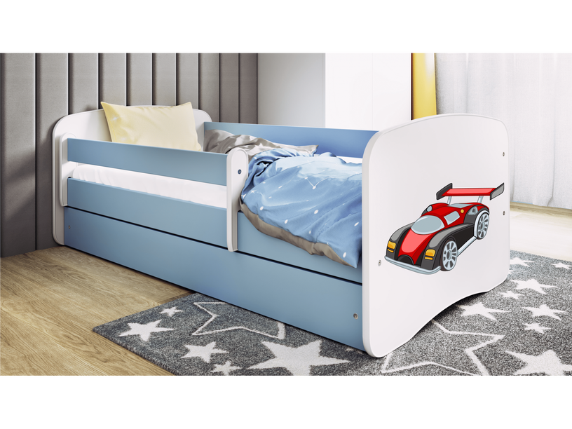 Bērnu gulta vienvietīga Kocot Kids Babydreams Racing Car, zila/balta, 80 x 160 cm, bez veļas kastes, ar matraci
