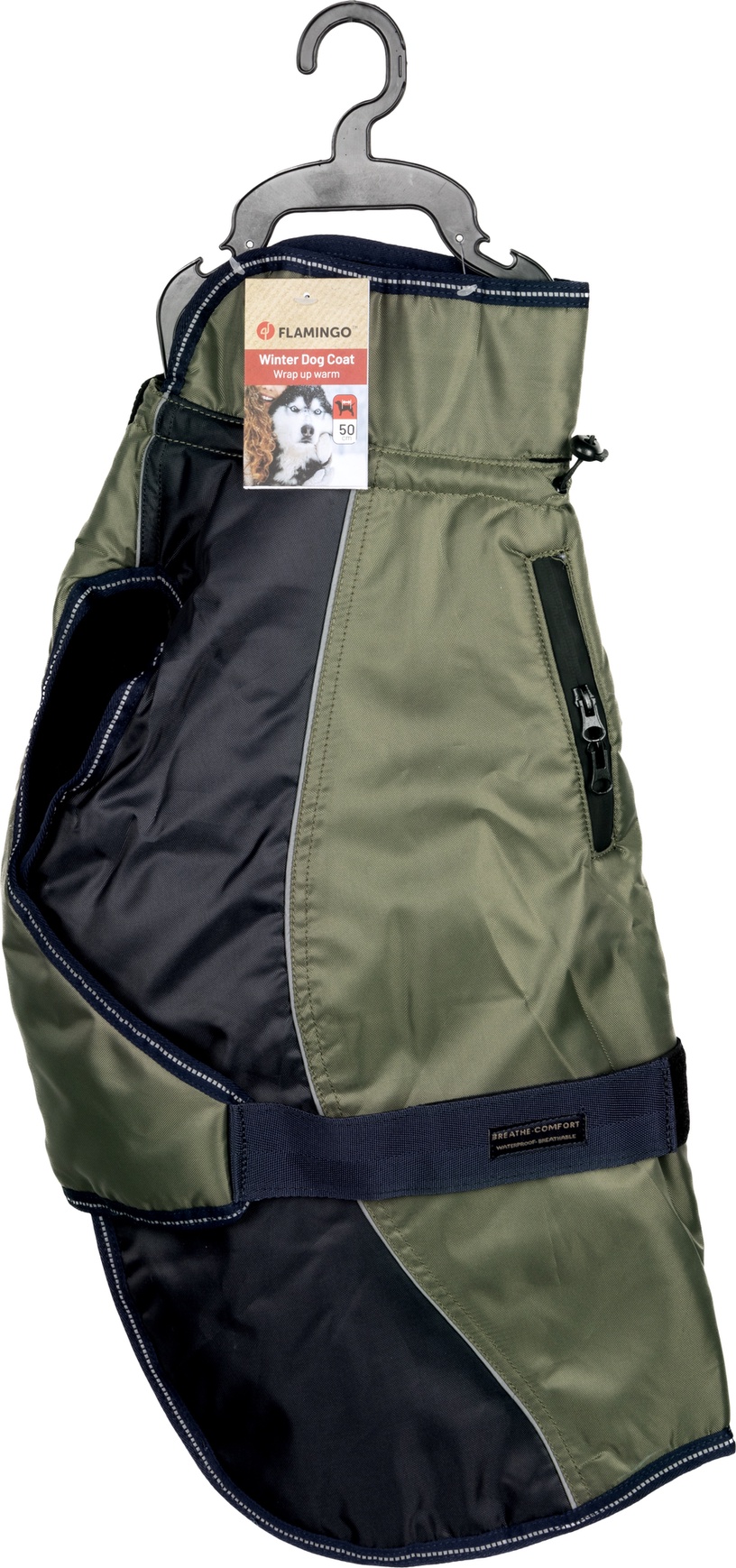 Зимнее пальто для собак Flamingo Eisberg 524362, хаки/темно-синий, 50 см