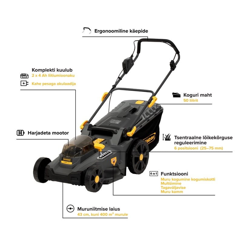 Akutoitel muruniiduk Grunder SF8A107, 2x18 V, 43 cm, 2x4 Ah