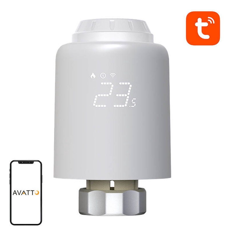 Termostats Avatto TRV07 Zigbee 3.0 TUYA, skrūvēšana, balta, 9.7 cm, 0 - 50 °C