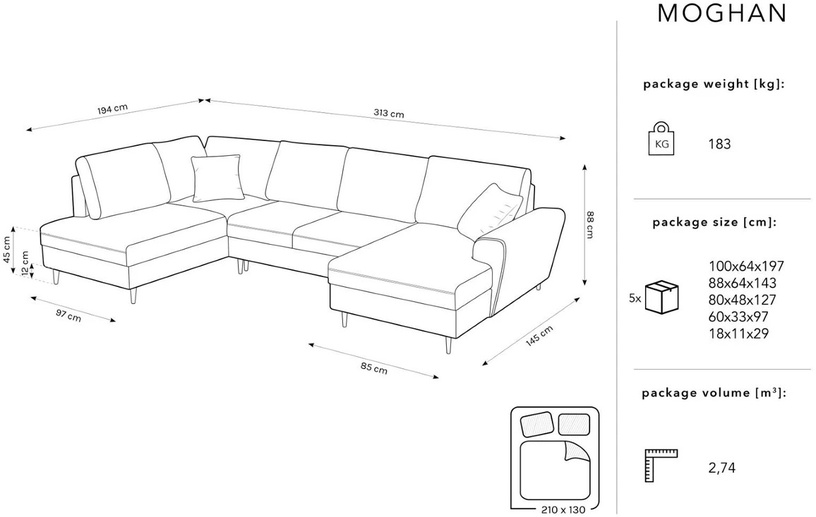 Диван-кровать Micadoni Home Moghan Velvet Panoramic, зеленый, левый, 313 x 194 см x 88 см
