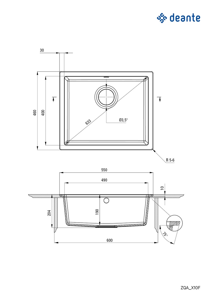 Köögivalamu Deante Corda Flush, graniit, 55 cm x 46 cm x 19 cm