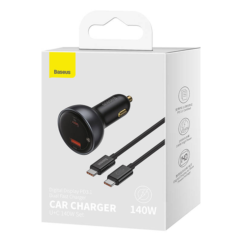 Auto telefona lādētājs Baseus Supreme, USB Type C/USB, melna, 140 W
