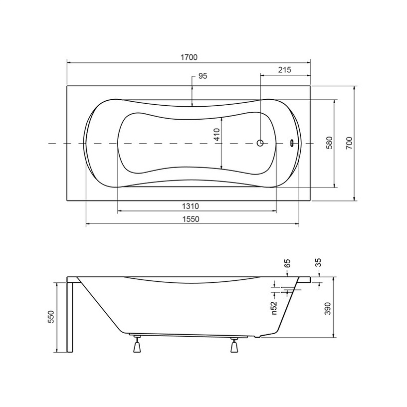 Vann, sisseehitatav Besco Aria Plus, 170 cm x 70 cm x 39 cm, ristkülik