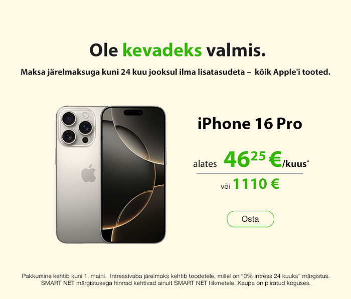 Ole kevadeks valmis. MAKSA JÄRELMAKSUGA KUNI 24 KUU JOOKSUL ILMA LISATASUDETA – kõik Apple'i tooted.