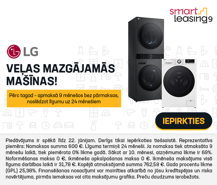 LG veļas mazgājamās mašīnas! Pērc tagad – apmaksā 9 mēnešos bez pārmaksas, noslēdzot līgumu uz 24 mēnešiem