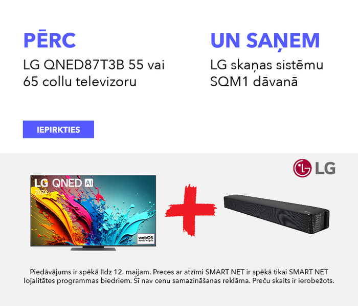 Pērc LG QNED87T3B 55 vai 65 collu televizoru un saņem LG skaņas sistēmu SQM1 dāvanā