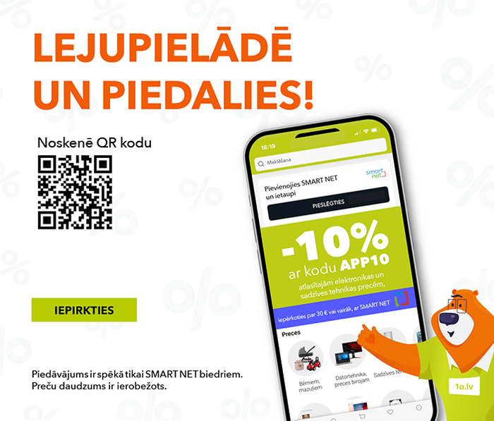Lejupielādē un piedalies! -10% atlasītajām elektronikas un sadzīves tehnikas precēm, iepērkoties par 30 € vai vairāk, ar SMART NET