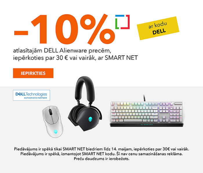 - 10% atlasītajām DELL Alienware precēm, iepērkoties par 30 € vai vairāk, ar SMART NET