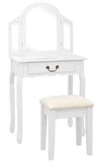 Kosmetinis staliukas VLX With Stool, baltas, 36 cm x 65 cm x 128 cm, su veidrodžiu