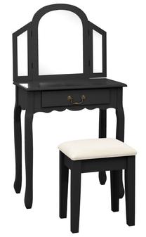 Kosmetinis staliukas VLX With Stool, juodas, 36 cm x 65 cm x 128 cm, su veidrodžiu