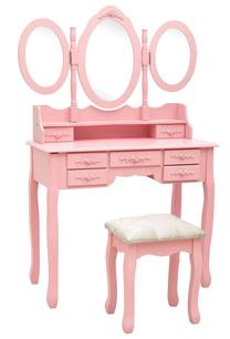 Kosmetinis staliukas VLX With Stool, rožinis, 40 cm x 90 cm x 146 cm, su veidrodžiu