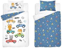 Vaikiškas patalynės užvalkalų komplektas Little Rally Drivers, mėlyna/balta/įvairių spalvų, 100 x 135 cm