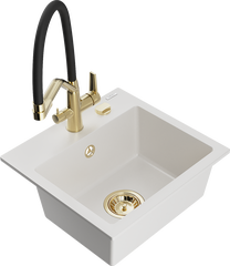 Кухонный умывальник с кухонным смесителем Mexen Milo Duo, гранит, 43.5 см x 41 см x 17.1 см, золотой цв./белый цв./черный цв.