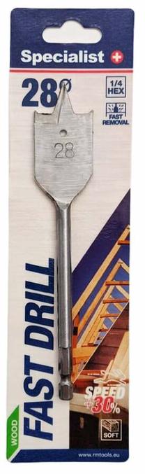 Plunksninis medienos grąžtas Specialist+ Fast Drill, medienai, plunksninis, hex, 28 mm x 15 cm