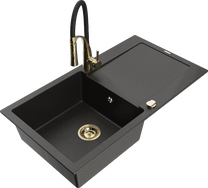 Кухонный умывальник с кухонным смесителем Mexen Leo Metallic black/gold+Black/Gold, гранит, 90 см x 50 см x 19 см, metallic black/gold+black/gold цв.
