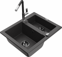 Кухонный умывальник с кухонным смесителем Mexen Carlos Black granite+Black/Chrome, гранит, 58 см x 47 см x 17.7 см, black granite+black/chrome цв.