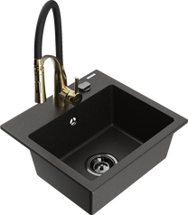 Кухонный умывальник с кухонным смесителем Mexen Milo Metallic black/gold+Black/Gold, гранит, 43 см x 41 см x 17.1 см, metallic black/gold+black/gold цв.