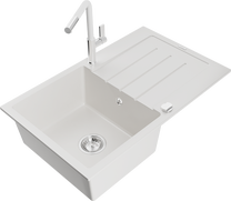 Кухонный умывальник с кухонным смесителем Mexen Bruno White+White/Chrome, гранит, 79 см x 49 см x 20 см, белый цв./хромовый цв.