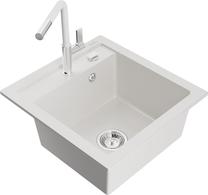 Кухонный умывальник с кухонным смесителем Mexen Vito, гранит, 49 см x 52 см x 21 см, белый цв./хромовый цв.