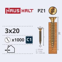 Koka skrūve, universāls Haushalt PZ1, 3 x 20 mm, dzeltena krās., 1000 gab.
