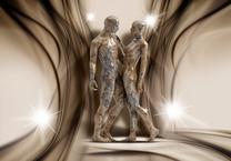 Fototapetas Artgeist Stone Couple - Stone Sculpture Of Two Figures Amidst Delicate Smoke 5XLNEW011226SAM, 315 cm x 441 cm