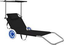 Lauko gultas VLX Folding Sun Lounger w/ Canopy & Wheels 44323, juoda sp.