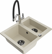 Кухонный умывальник с кухонным смесителем Mexen Carlos Beige+Black/Chrome, гранит, 58 см x 47 см x 17.7 см, beige+black/chrome цв.