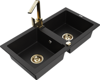 Кухонный умывальник с кухонным смесителем Mexen Mario Black+Gold, гранит, 82 см x 43 см x 16.1 см, золотой цв./черный цв.