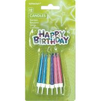 Dzimšanas dienas svece Amscan Happy birthday, zila krās./zaļa krās./rozā krās., 24 gab.