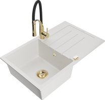 Кухонный умывальник с кухонным смесителем Mexen Bruno White+Black/Gold, гранит, 79 см x 49 см x 20 см, золотой цв./белый цв./черный цв.