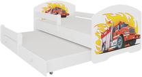 Vaikiška lova su ištraukiama papildoma lova ADRK Pepe II Fire Truck, balta sp./raudona sp./geltona sp., 80 x 160 cm/80 x 145 cm, be patalynės dėžės, su čiužiniu