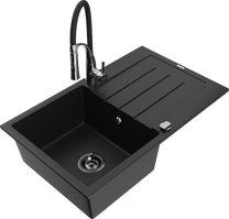 Кухонный умывальник с кухонным смесителем Mexen Bruno Black+Black/Chrome, гранит, 79 см x 49 см x 20 см, черный цв./хромовый цв.