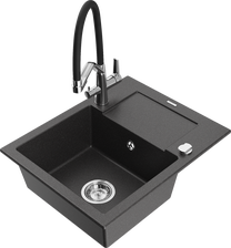 Кухонный умывальник с кухонным смесителем Mexen Enzo Black granite+Black/Chrome, гранит, 57 см x 46 см x 17.4 см, black granite+black/chrome цв.