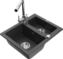 Кухонный умывальник с кухонным смесителем Mexen Carlos Black granite+Chrome, гранит, 58 см x 47 см x 17.7 см, black granite+chrome цв.