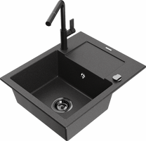 Кухонный умывальник с кухонным смесителем Mexen Enzo Black granite+Black, гранит, 57 см x 46 см x 17.4 см, black granite+black цв.