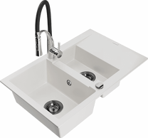Кухонный умывальник с кухонным смесителем Mexen Gaspar White+Black/Chrome, гранит, 73 см x 47 см x 17.7 см, white+black/chrome цв.