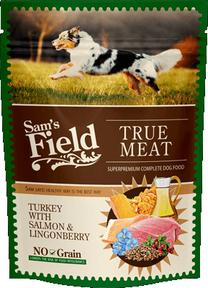 Влажный корм для собак Sam's Field True Meat Turkey With Salmon & Lingonberry, индюшатина/лосось, 0.26 кг