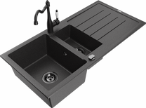 Кухонный умывальник с кухонным смесителем Mexen Andres Black granite+Black, гранит, 100 см x 50 см x 20 см, black granite+black цв.