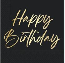 Popierinės servetėlės GoDan Happy Birthday, 33 cm x 33 cm, aukso sp./juoda sp., 20 vnt.