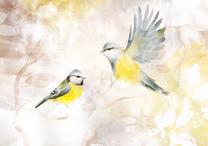 Фотообои Artgeist Painted Tits - Bird Motif With Patterns In Yellow And Beige Tones, 70 см x 98 см