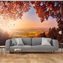 Fototapete Artgeist Autumn delight - sunny landscape with countryside surrounded by trees and fields, 175 cm x 250 cm