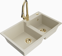 Кухонный умывальник с кухонным смесителем Mexen Tomas Beige+Gold, гранит, 80 см x 50 см x 19 см, beige+gold цв.