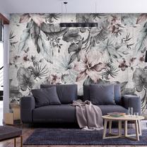 Fototapete Artgeist Nature In Retro Style - Landscape With Leaves And Flowers In Grey Tones, 175 cm x 250 cm