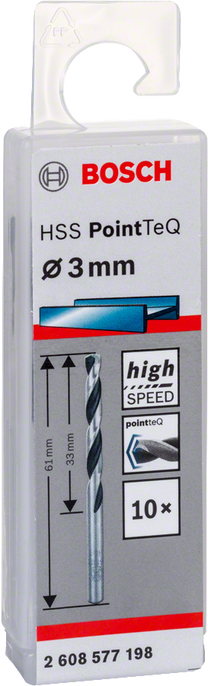Набор сверл по металлу Bosch PointTeQ 2608577198, металл, hss, цилиндрический, 3 мм x 6.1 см