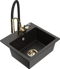 Plautuvė su virtuviniu maišytuvu Mexen Milo Metallic black/gold+Black/Gold, granitas, 43 cm x 41 cm x 17.1 cm, metallic black/gold+black/gold sp.